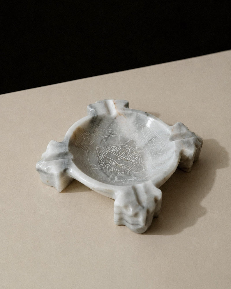 Vintage 1970s Mexican Marble Ashtray, Engraved Aztec Motif Design, Sculptural Stone Table Decor, Mid Century Smoking Accessory, Gift Idea by Bottega Jacobs