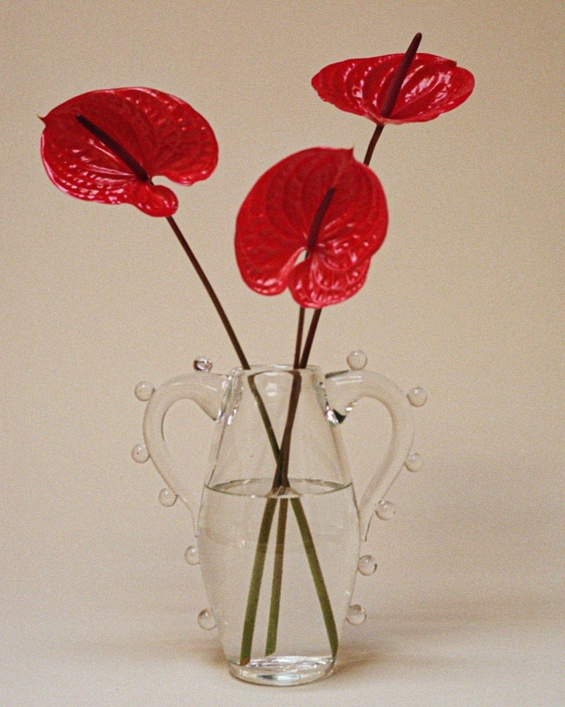 The La Vitalité Vase by Sophie Lou Jacobsen, a clear minimalist glass design with handles, is partially filled with water and showcases three vibrant red anthurium flowers. Their glossy, long stems are elegantly arranged against a neutral background, creating a striking contemporary piece.