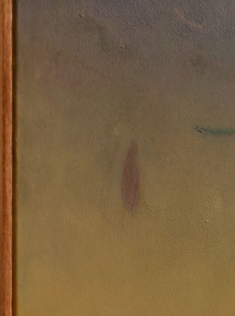 Close-up of a textured painting from Rebecca von Matérn's art collection, showing a gradient from dark green to yellow with a small red brushstroke detail near the center, framed in brown wood. The painting is titled "Ponds & Breezes #3, 2023.
