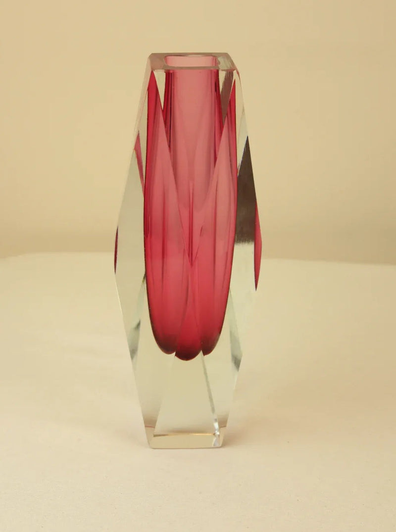 Hand-blown Murano glass vase by renowned artist Alessandro Mandruzzato, featuring intricate blue and green swirls and a unique, asymmetrical shape