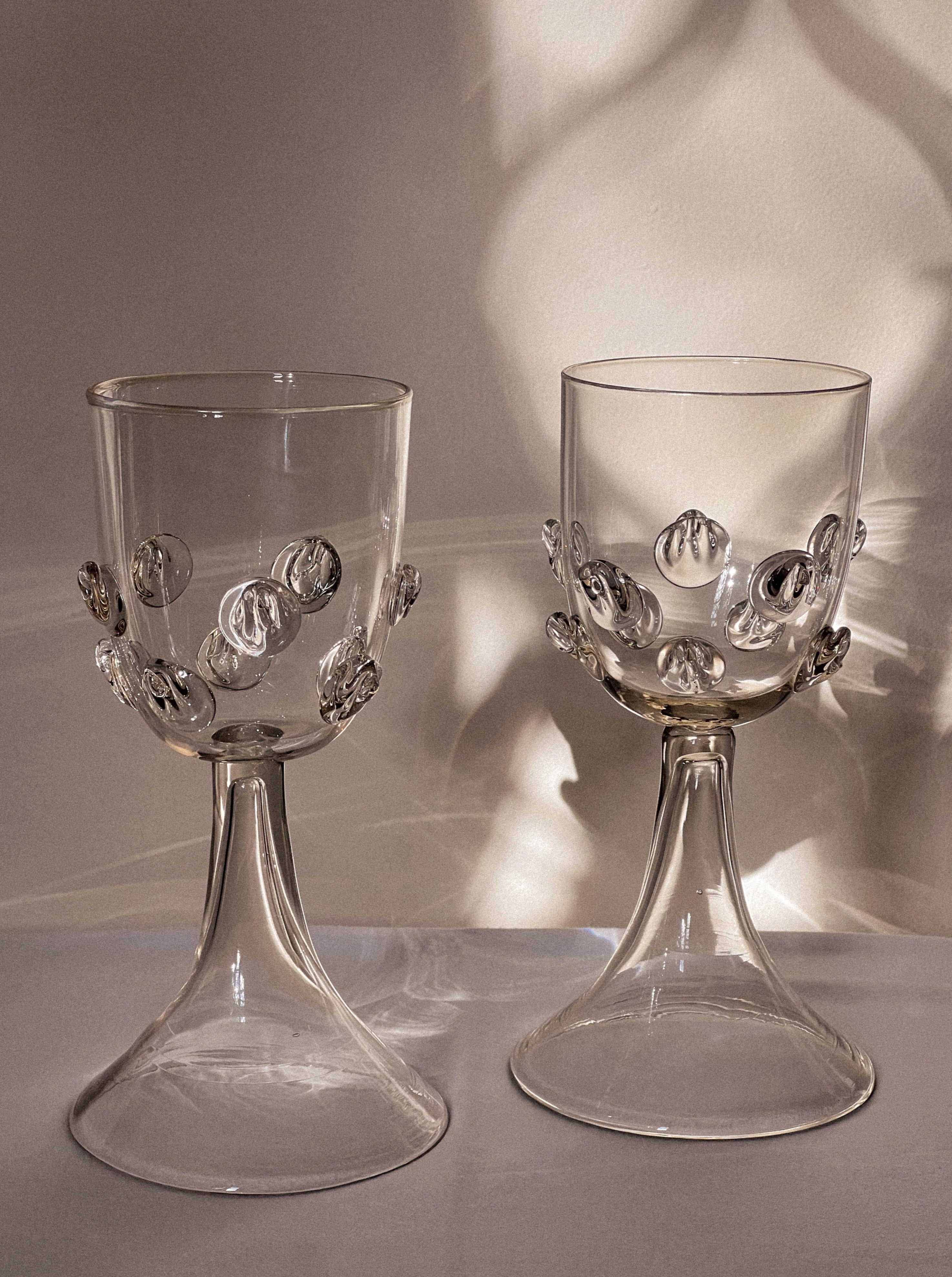 Set of 2 Handblown Wine Glasses with Intricate Dotted Design