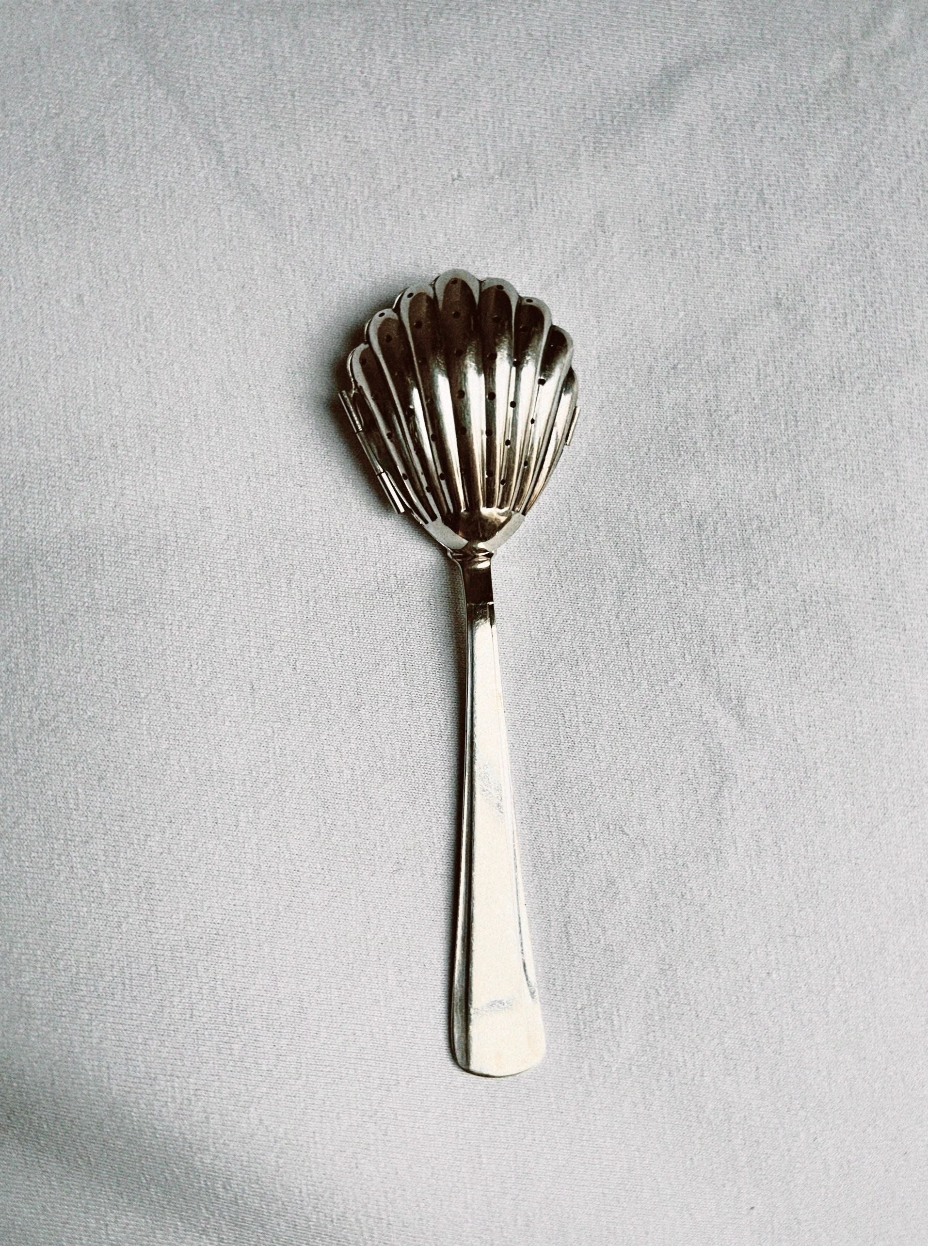 Close-up of Shell Shaped Tea Leaf Infuser with loose tea leaves