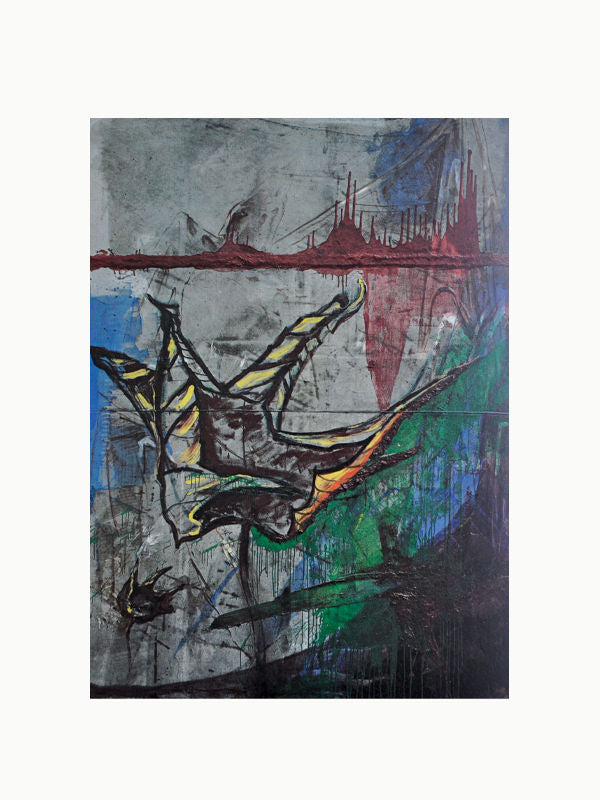 Abstract artwork featuring a bird with outstretched wings against a mixed background with gray tones and bold patches of red and green, along with sketch-like lines and forms reminiscent of Maison Plage's Julian Schnabel: CVJ: Nicknames of Maitre D's & Other Excerpts from Life style.