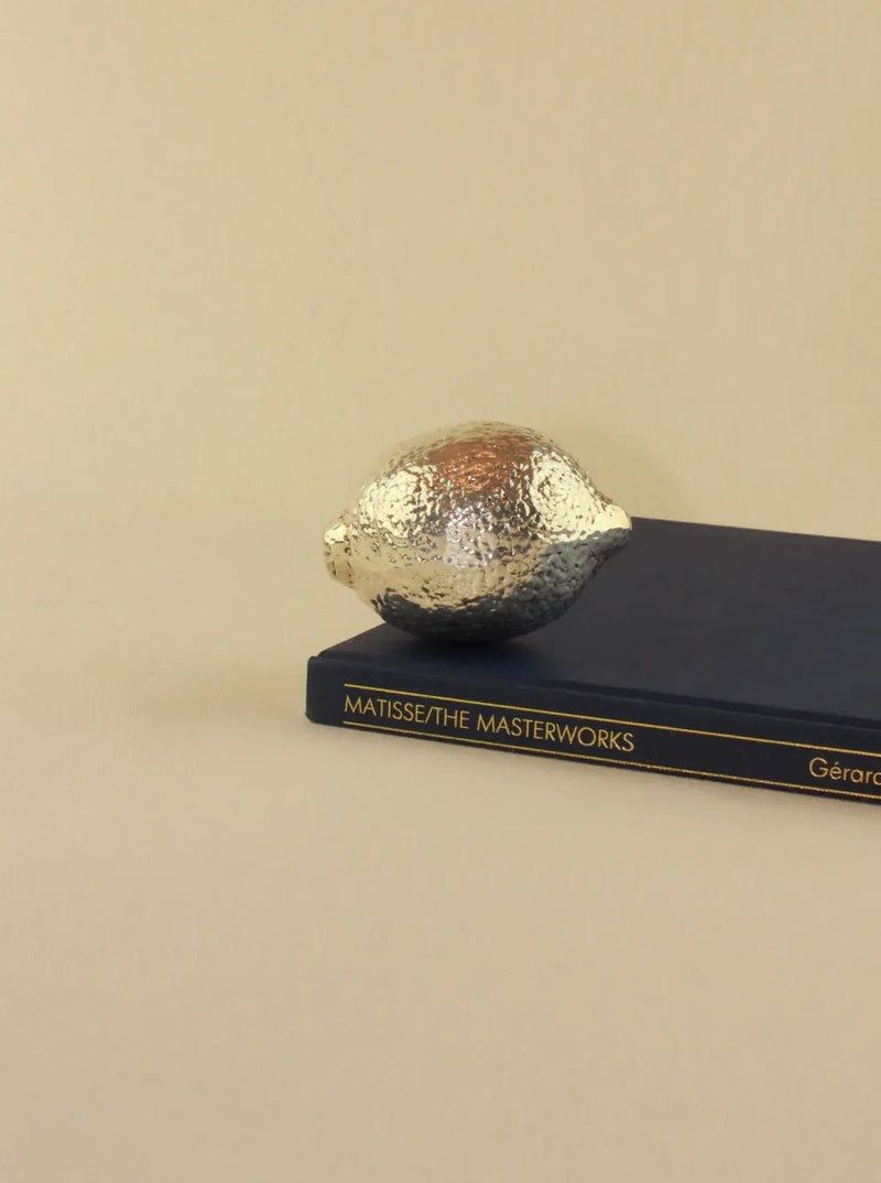  Handcrafted silver lime sculpture featuring elegant curves and shimmering surface