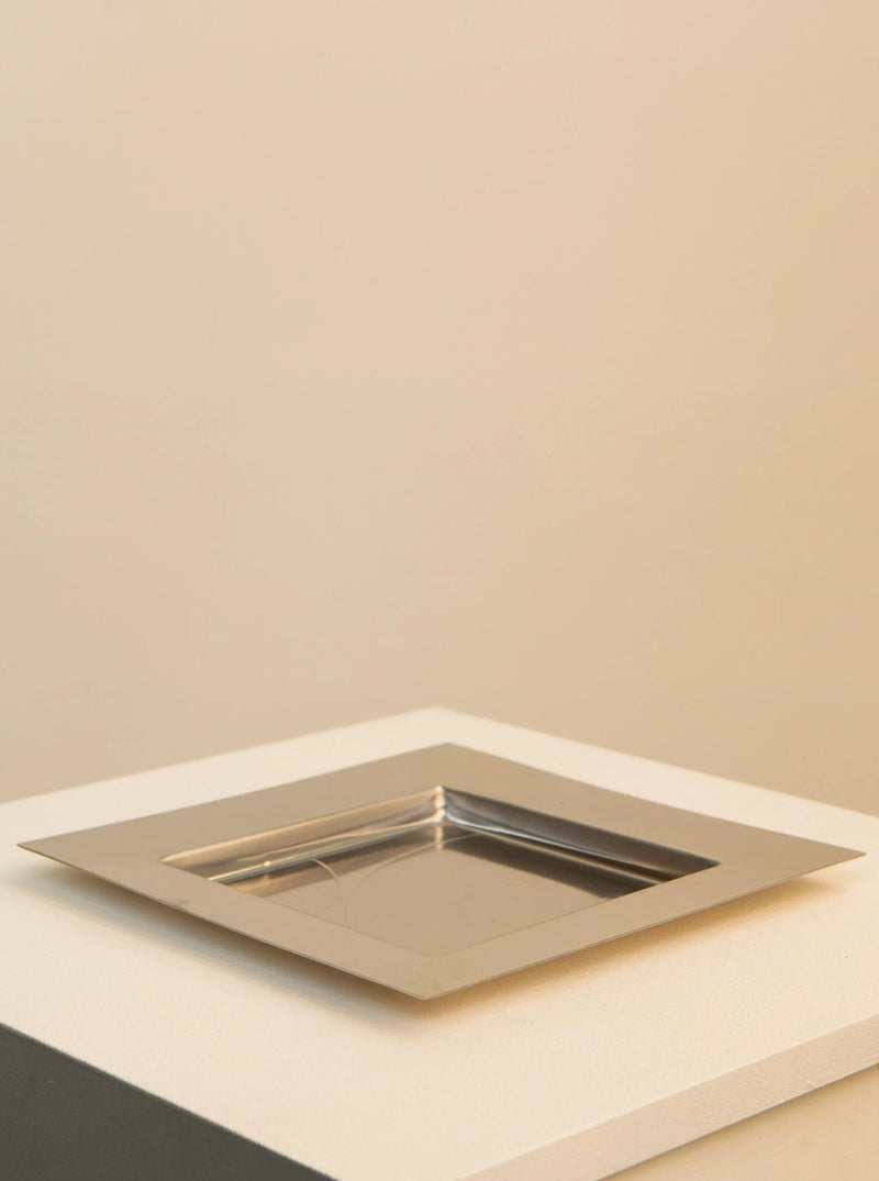 Vintage 1970s Metal Tray designed by Mattia Pastorino for Cleto Munari, featuring sleek, modernist lines and a polished metallic finish with a touch of retro elegance
