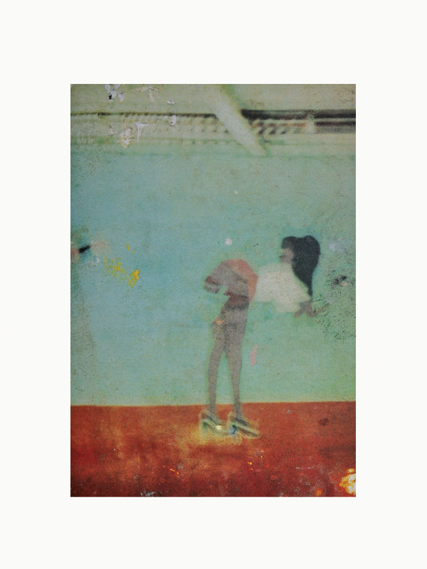 An abstract, faded image of two people in a pastoral setting, one person on a skateboard and another slightly obscured in motion, painted by Maison Plage, against a backdrop of muted green and orange hues