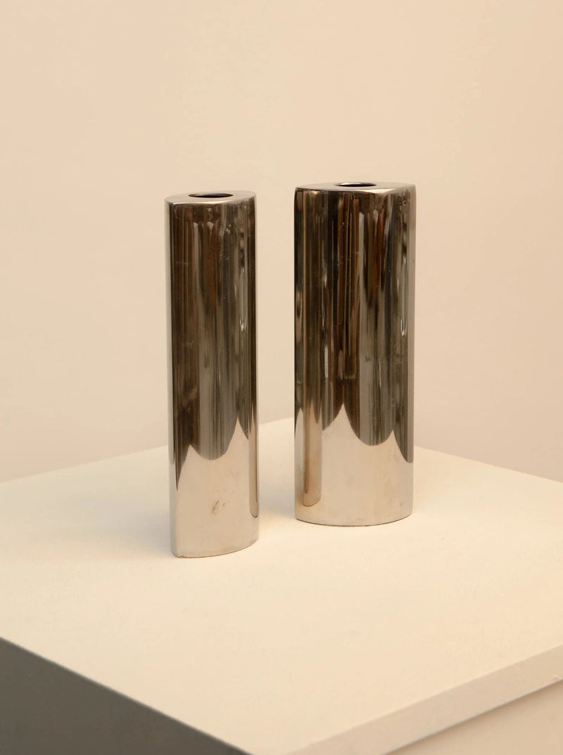 Vintage 1980s Metal Vases with a silver and gold metallic finish