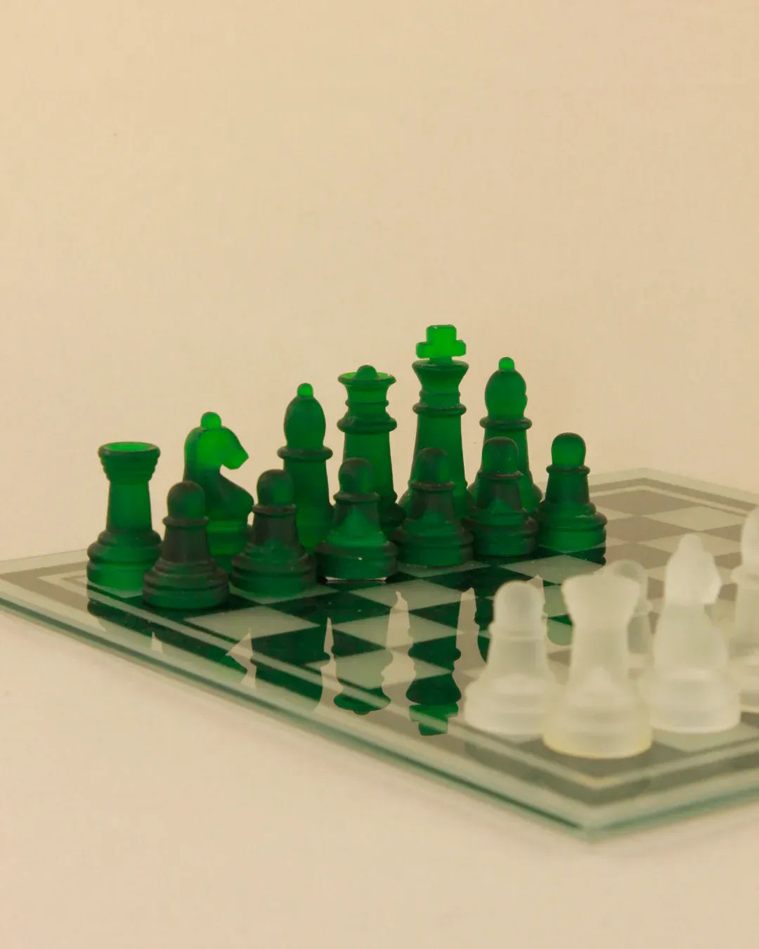 Vintage Crystal Chess Board with Intricate Glass Pieces on a Wooden Frame