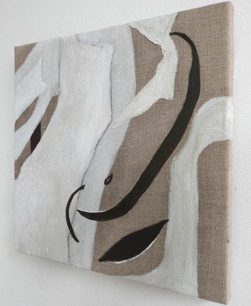 Abstract oil paint canvas featuring curved black lines and white shapes on a textured beige background, displayed on a white wall by Elena Barber's 'Silk Light'.
