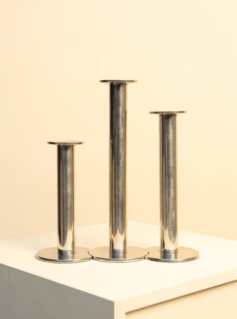 Set of three vintage 1980s Italian metal candleholders in gold and black