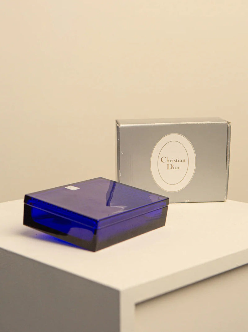 Vintage Christian Dior glass box in midnight blue caned design