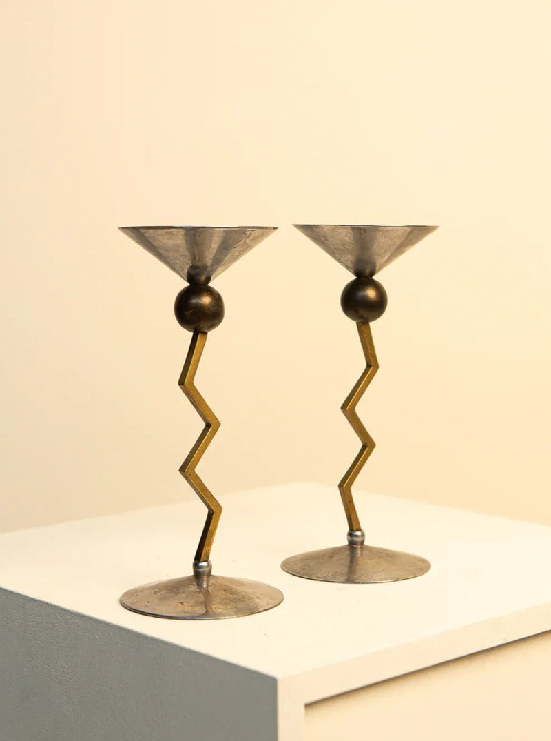 Alt text: Vintage Italian Zigzag candleholders, a pair from the 1980s, with intricate design