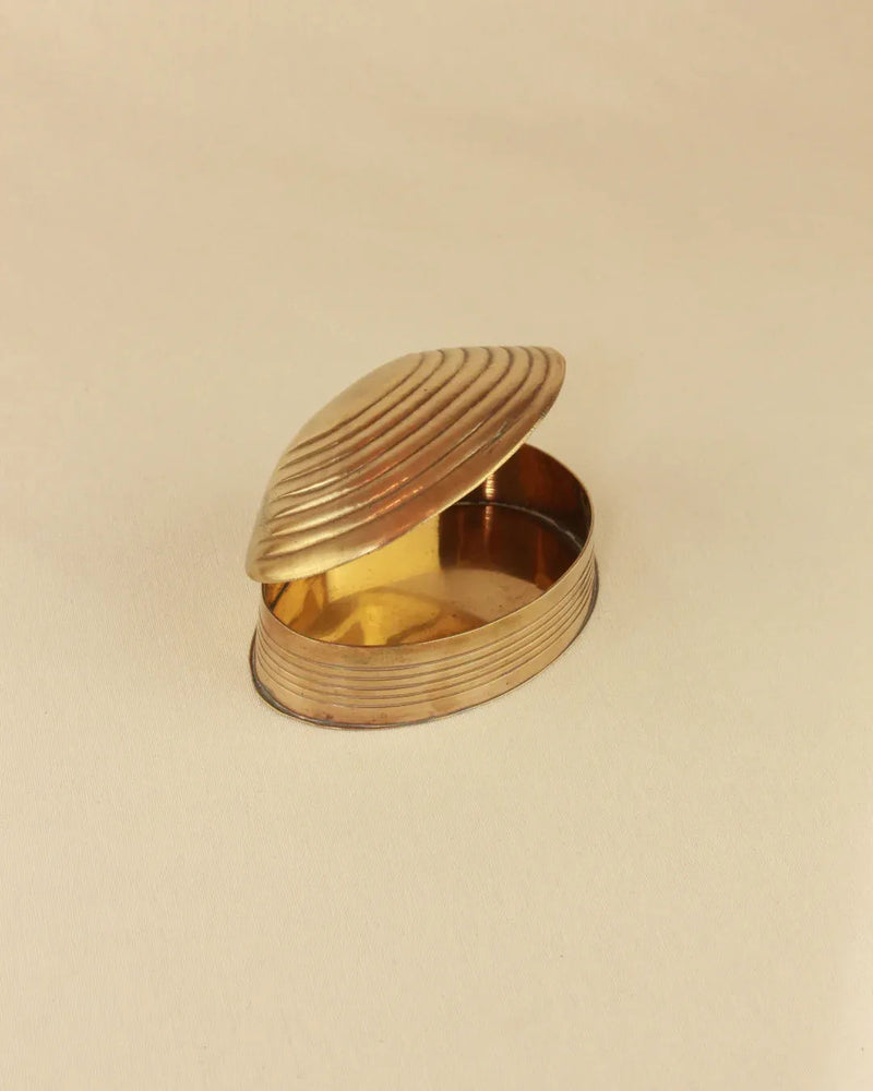 A small, seashell-shaped Boga Avante Shop brass hinged trinket box with an intricately ridged surface, slightly ajar and settled on a plain off-white background.
