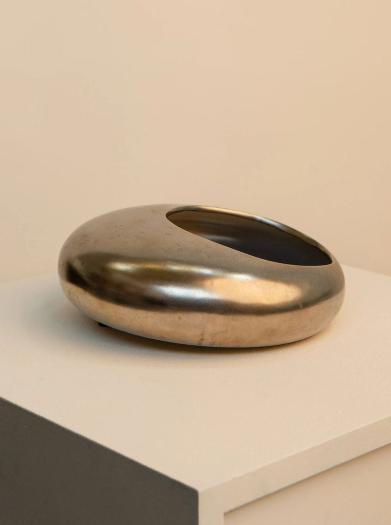 Vintage-style 80's Metallic-Effect Ceramic Vide Poche with reflective surface and geometric design