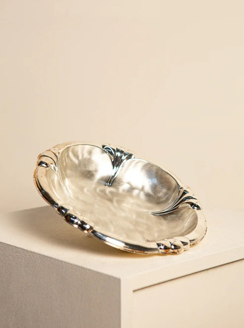 Vintage 80's Metal Nacrée Fruit Basket with Intricate Floral Design and Handle 