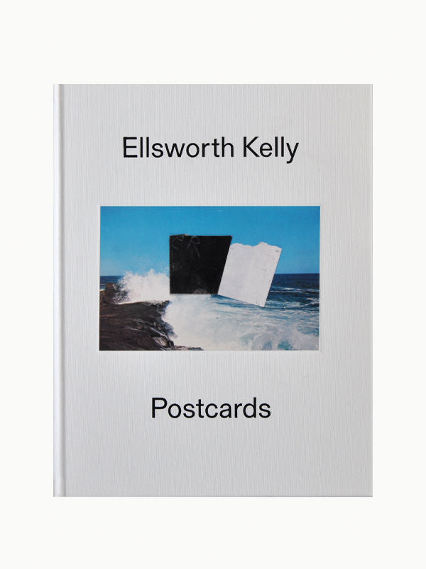 A book cover titled "Ellsworth Kelly: Postcards" featuring a collage technique postcard image of two monolithic, contrasting sculptures by the sea on a gray and white background by Maison Plage.