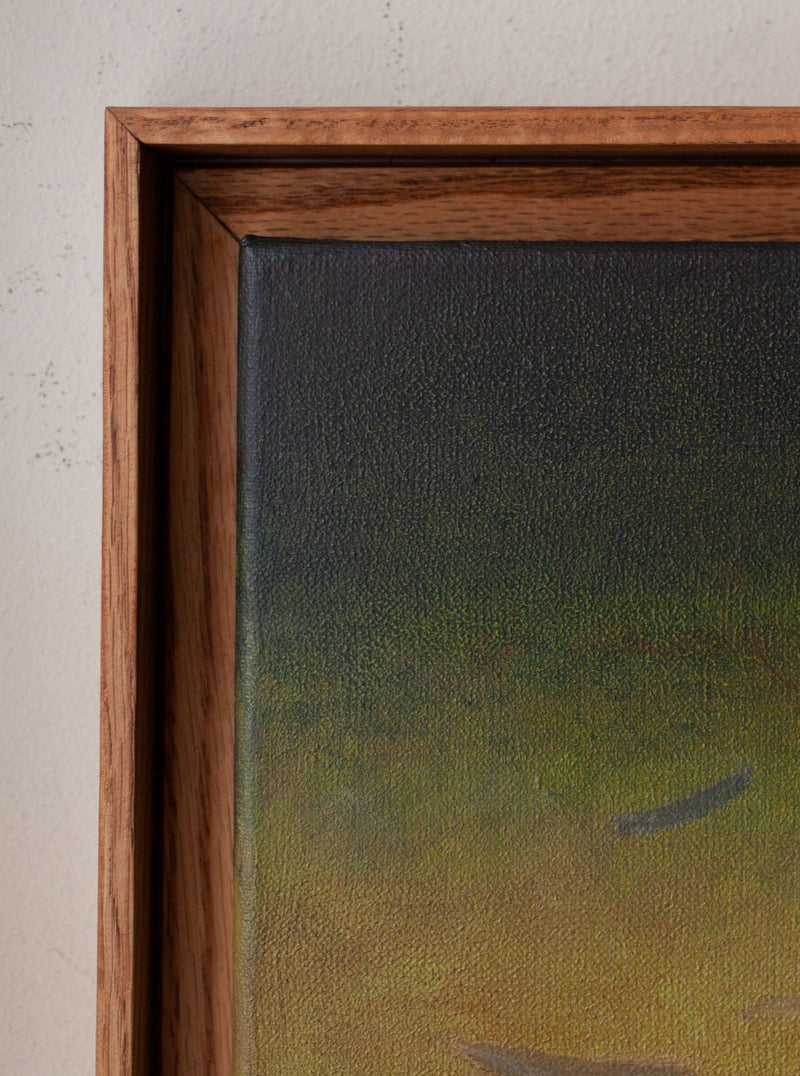 Close-up of the top left corner of a painting framed in an oak frame, showing a textured canvas with a gradient from dark to light tones of green and yellow by Rebecca von Matérn's Ponds and Breezes #7, 2023.