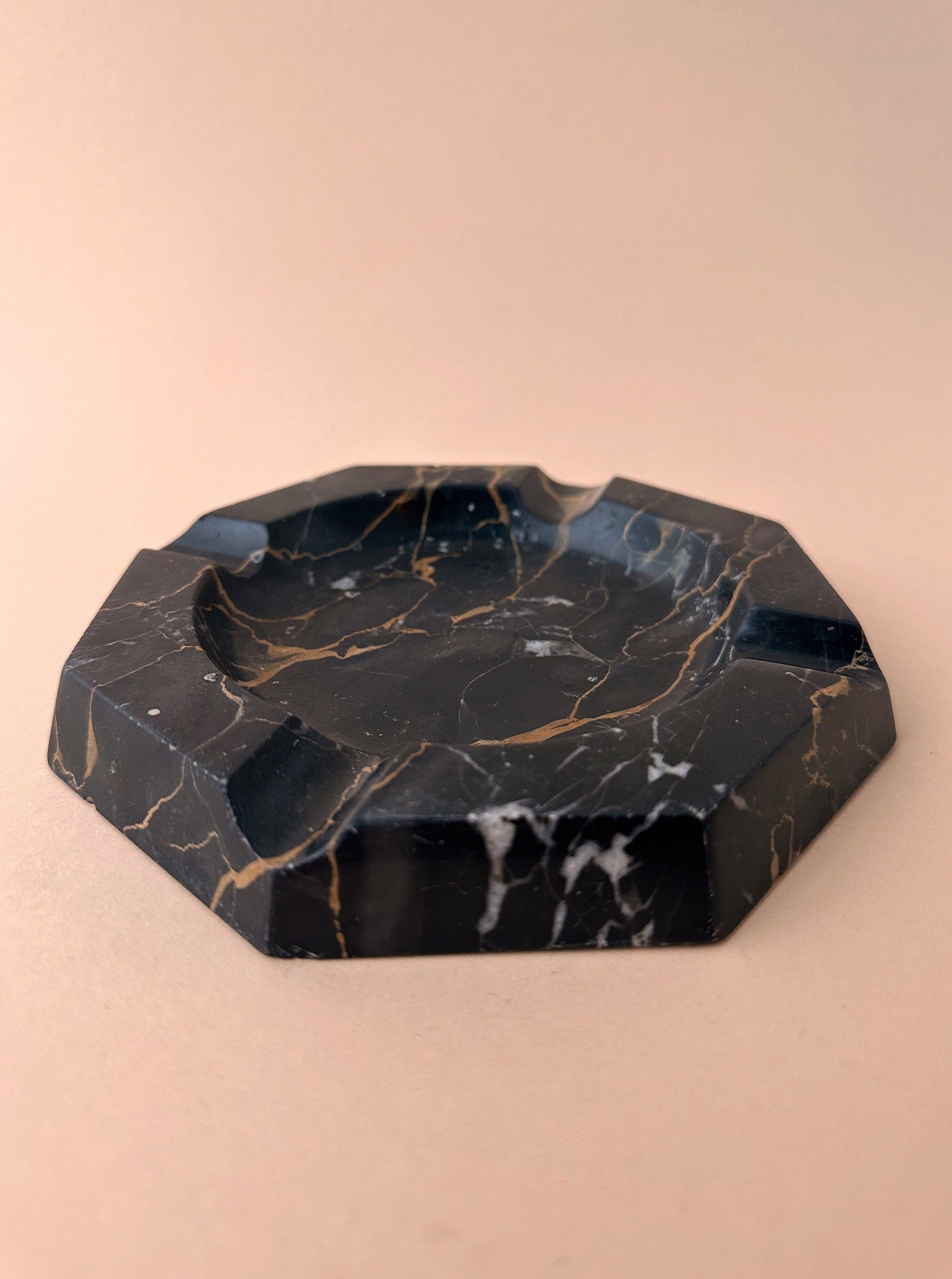 1970s Black Marble Ashtray Octagonal Shape