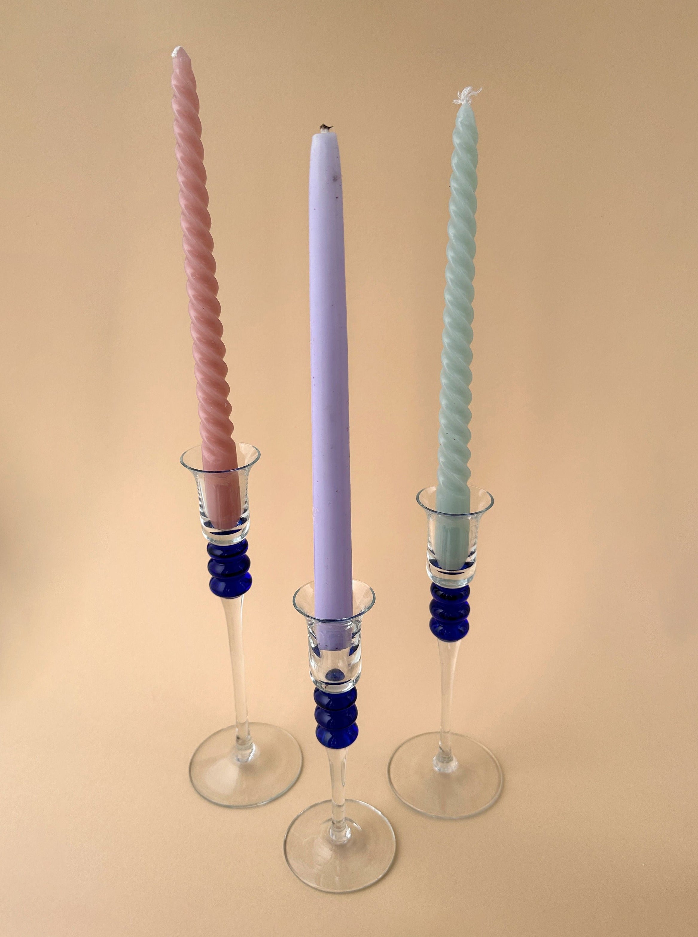 Set of 3 Postmodern Glass Candleholders With Blue Elements