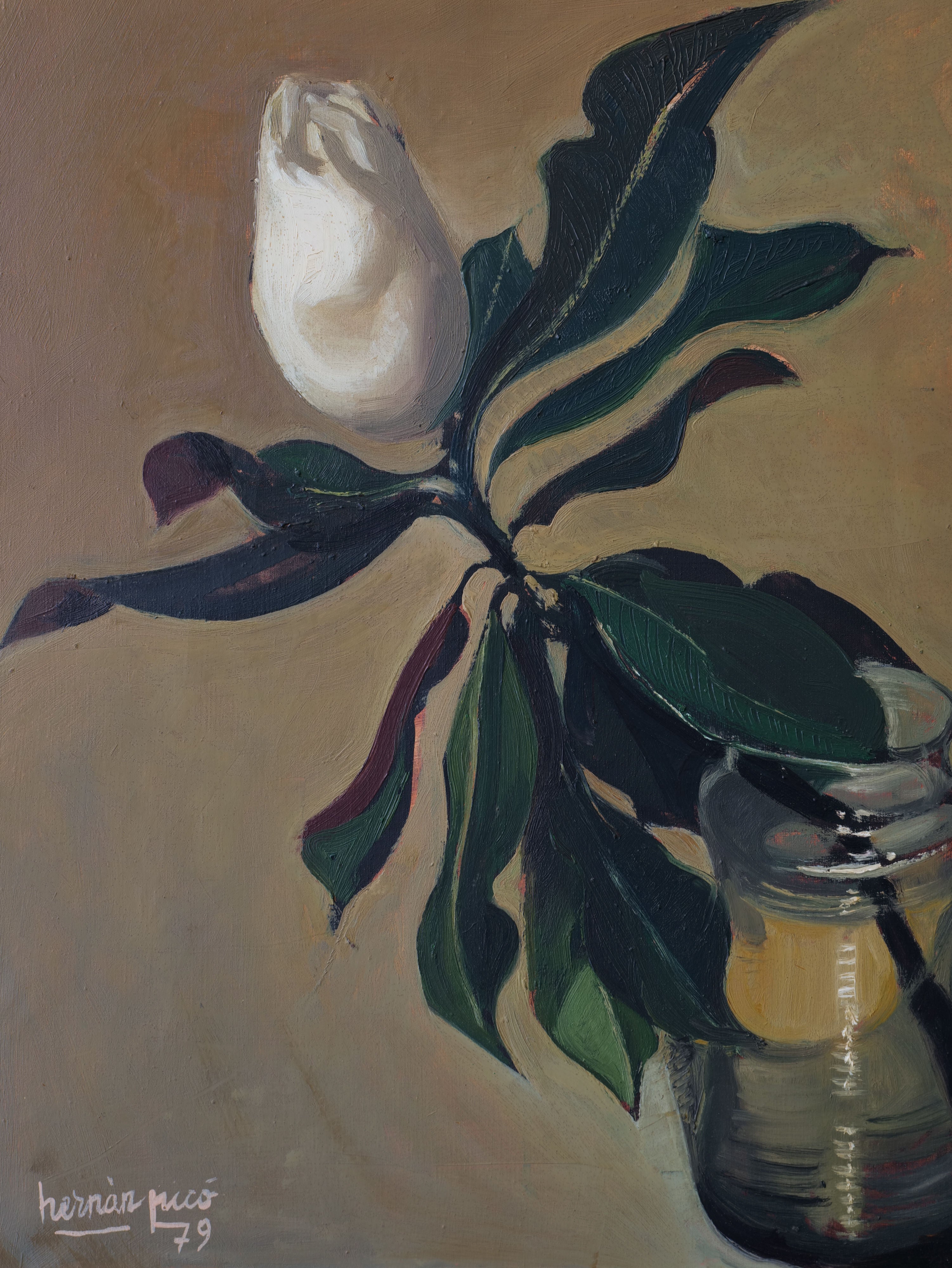 Oil painting on canvas depicting a white Magnolia Grandiflora 1979 flower with a dark green magnolia stem, and part of a glass jar visible, on a beige background. The artist's signature, "Hernán