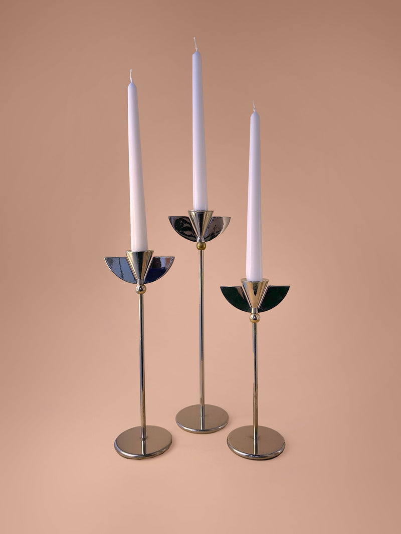 Italian Silver Art Deco Candleholders with intricate geometric designs and polished finish