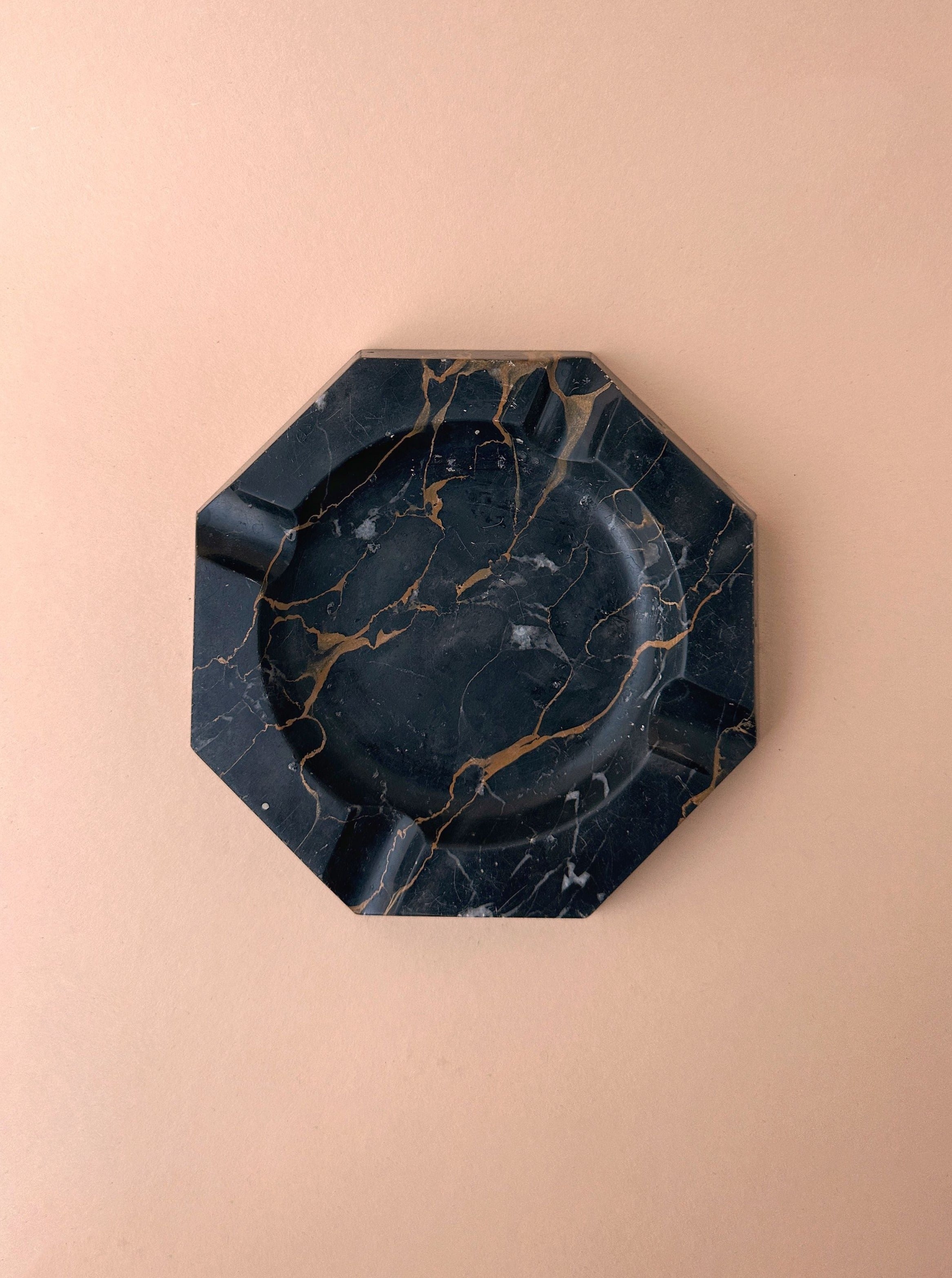 1970s Black Marble Ashtray Octagonal Shape