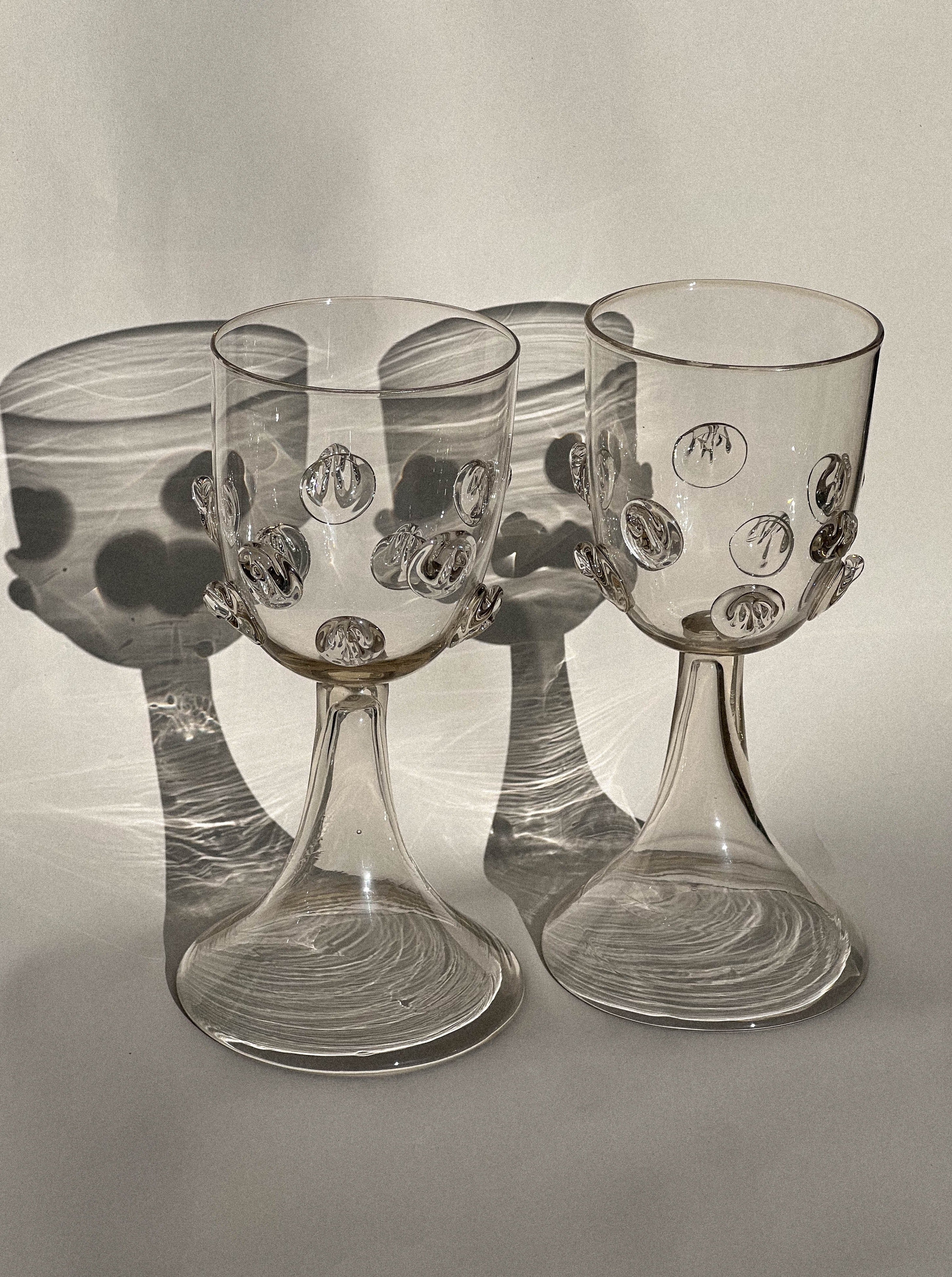 Artisanal Wine Glasses Handblown with Delicate Dotted Pattern