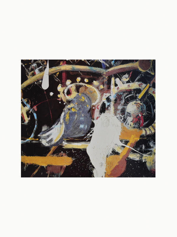 Abstract painting featuring dynamic splashes of white, yellow, and blue on a contrasting dark background, with a prominent white drip across the center, reminiscent of Maison Plage's influence on the international art scene.