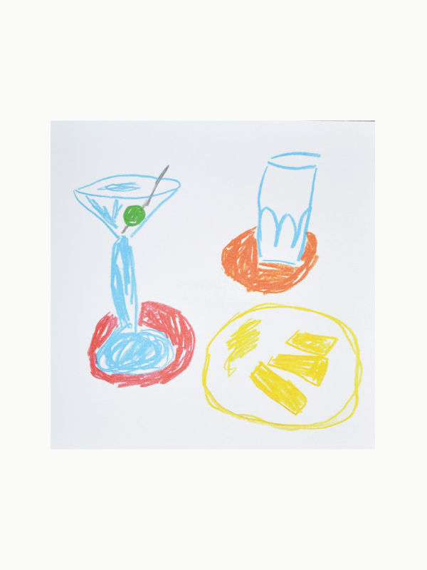 Child's drawing of a martini glass with an olive and a glass of water, both depicted in simple, colorful crayon strokes on a white background, featured in "The Greece Notebook" by Michael McGregor.