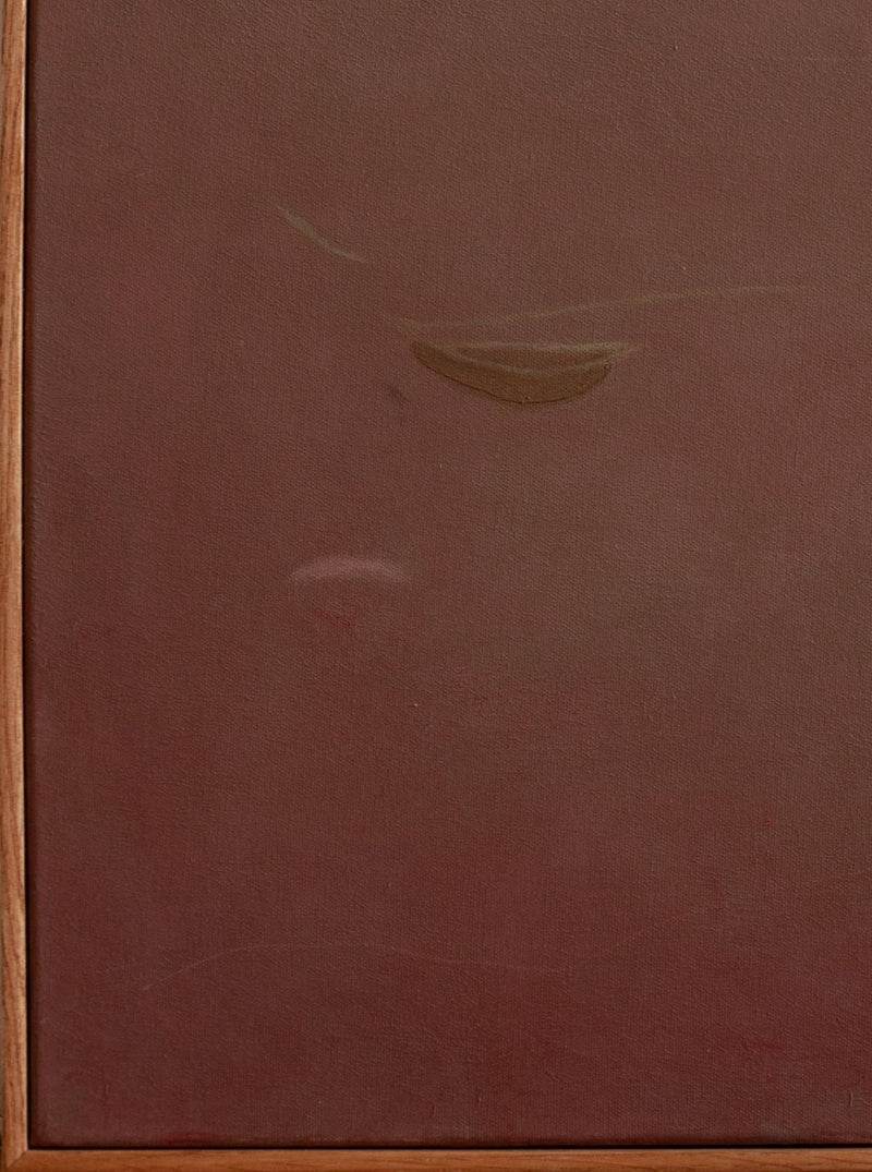 A minimalist artwork featuring Ponds & Breezes #2, 2023 by Rebecca von Matérn, a plain, maroon acrylic on canvas with subtle, light brush strokes and faint abstract marks. The canvas is mounted within a simple oak frame.
