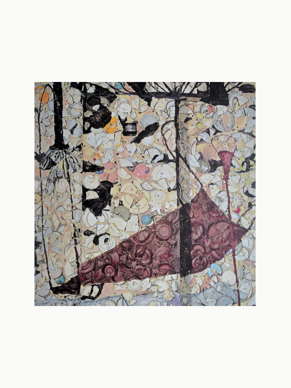 Abstract painting with a patchwork of intricate patterns and textures in a palette of black, white, beige, and pink. The artwork includes layered circles and floral designs, echoing themes prevalent in the Maison Plage: Julian Schnabel: CVJ: Nicknames of Maitre D's & Other Excerpts from Life art.