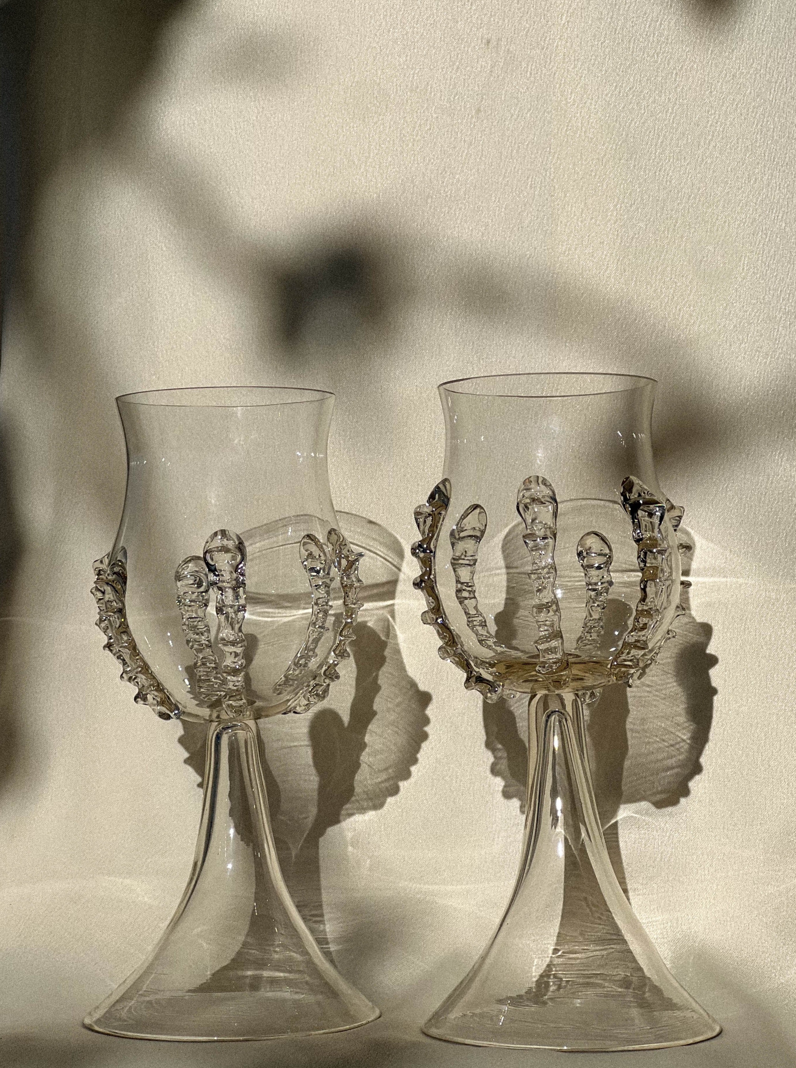 Mouthblown wine goblets with ribbed design, perfect for elegant table settings