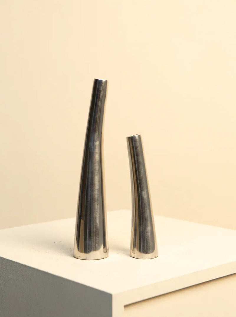 ###
A pair of vintage 80's metal soliflore vases in silver and gold