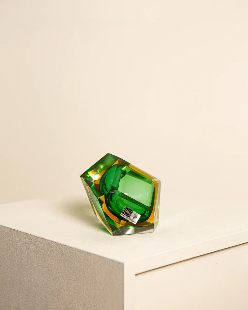  Handcrafted emerald green glass vase with diamond pattern by Flavio Poli 