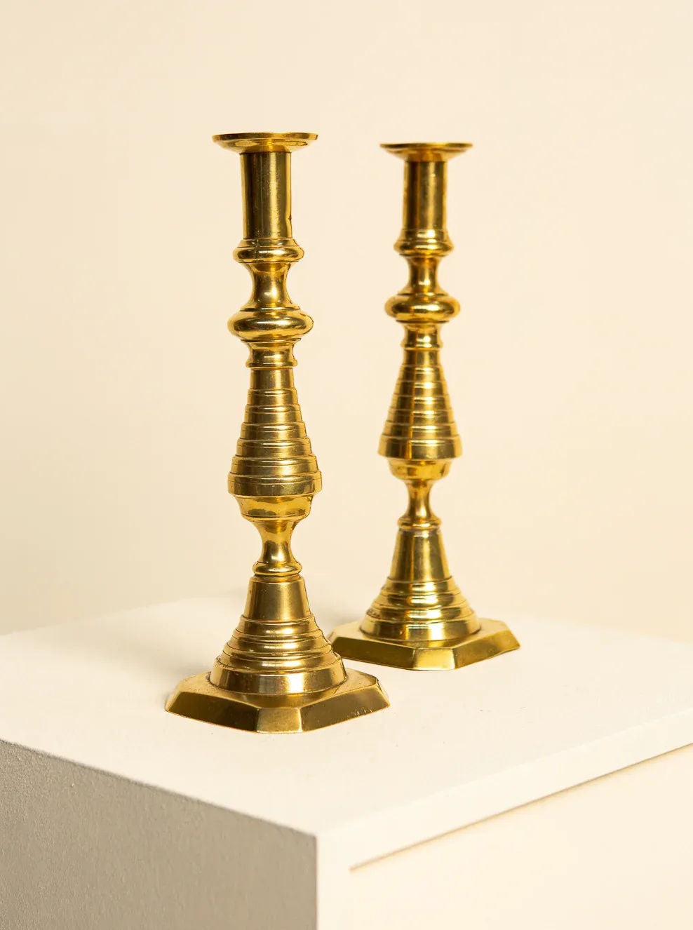 60's Brass Candlesticks with intricate detailing and vintage charm