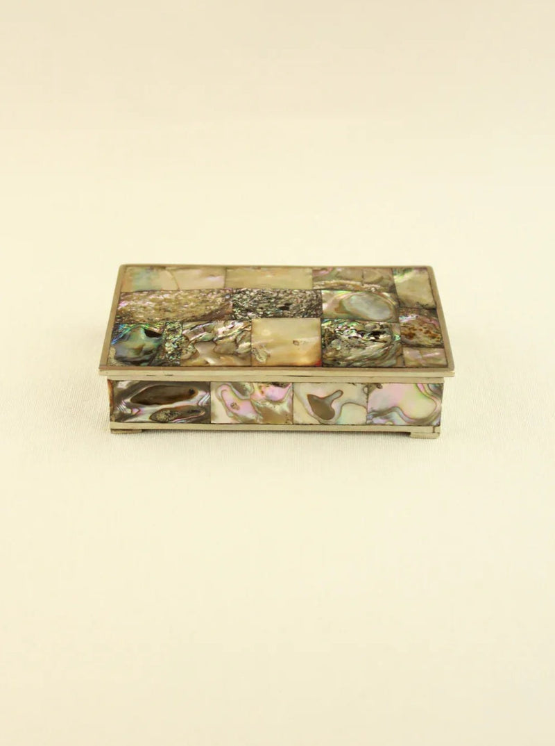 Vintage Abalone Shell Jewelry Box with Hinged Lid and Brass Hardware