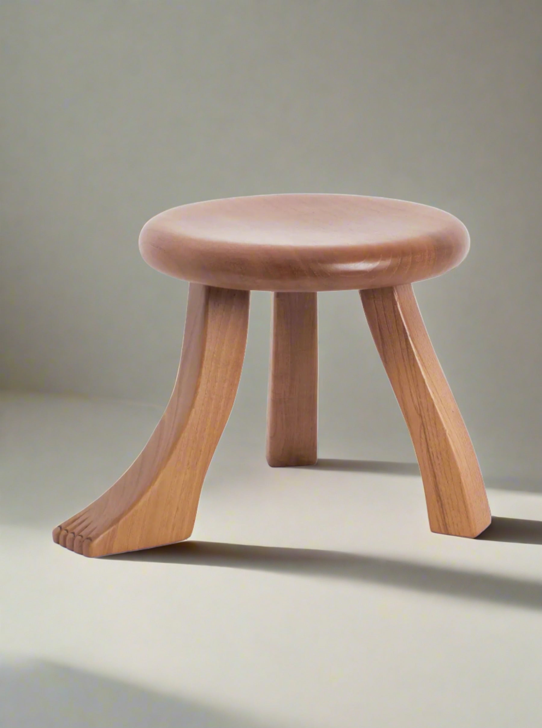 The Foot Stool in Oak by Project 213A is a three-legged wooden stool featuring a sculpturally carved human foot leg, crafted from light-colored wood. Its minimalist design makes it an elegant addition to luxury interiors, complementing neutral backgrounds with artistic flair.