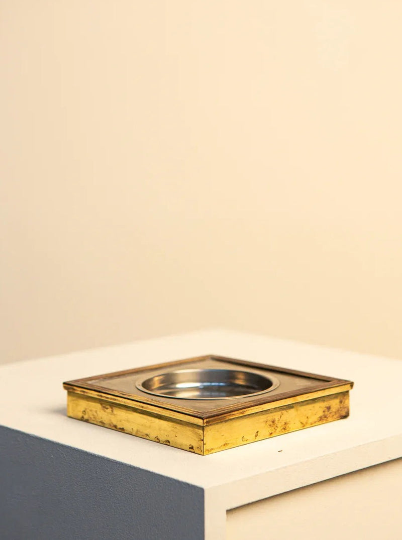 Vintage 60's silver and gold-plated metal square tray with intricate details