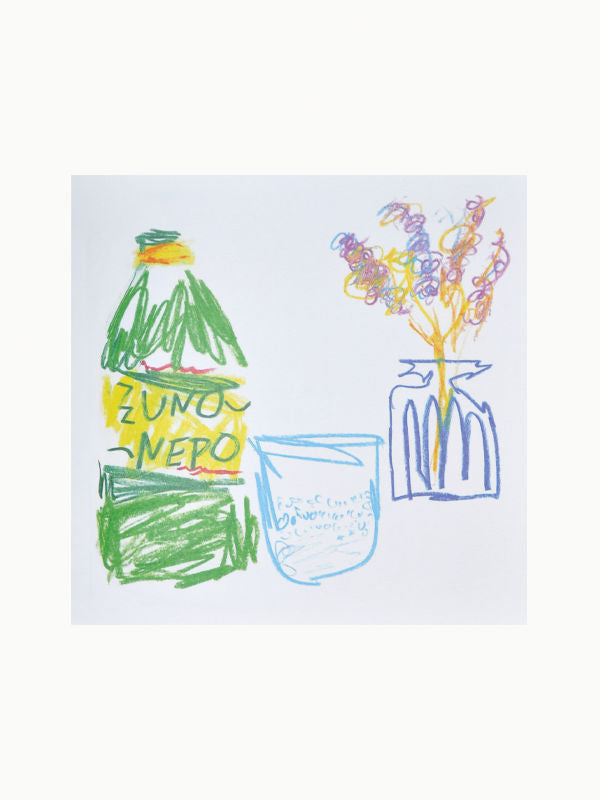 Child's crayon drawing of a green bottle labeled "zumo nero" next to a blue vase with colorful flowers, on a white background, from Maison Plage.