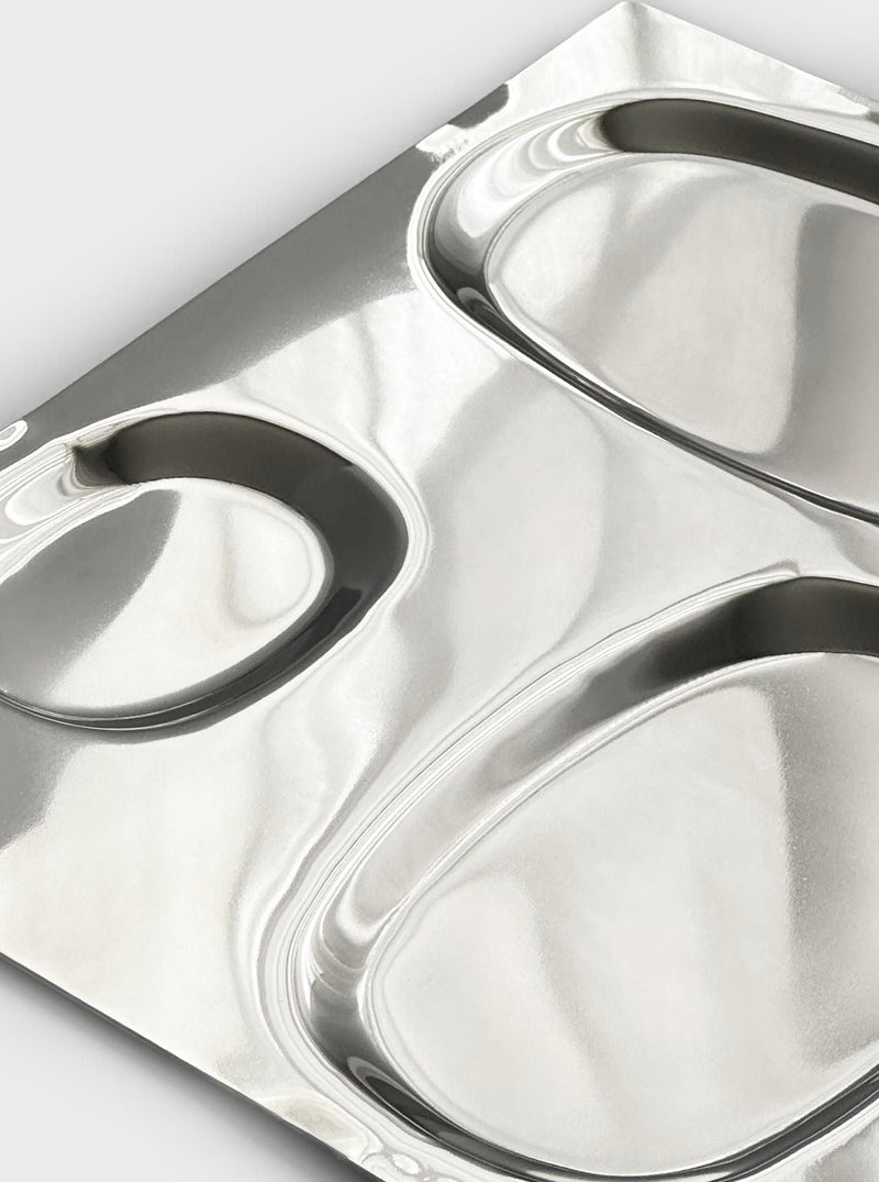 Rectangular stainless steel serving dish with smooth polished surface