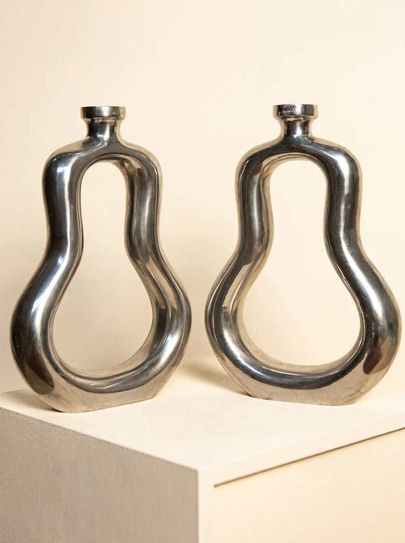 Pair of vintage 80's large brass candleholders with geometric design