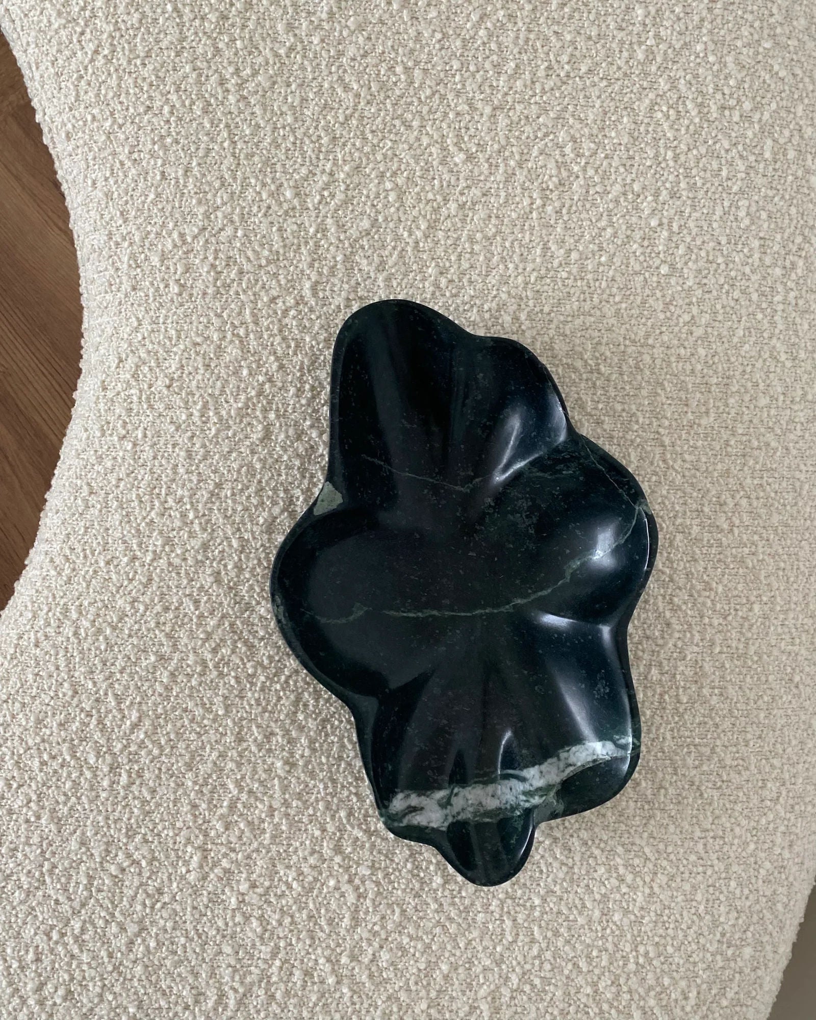 Handcrafted Cloud Bowl made from polished emerald marble stone with swirling patterns