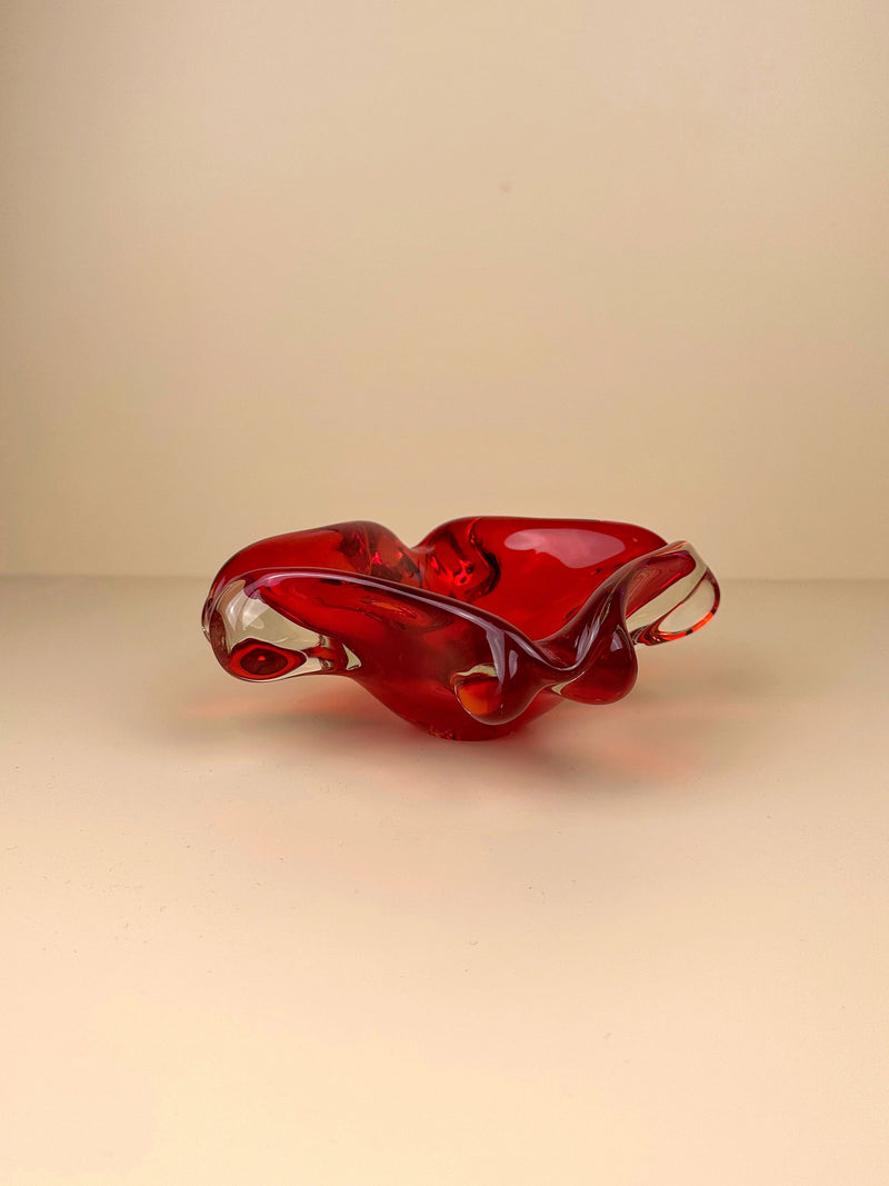 Mid Century Murano Glass Bowl 70s in vibrant red and orange swirls