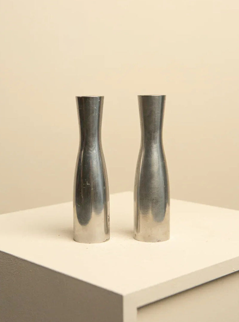 Pair of Large Chrome-Plated Metal Candlesticks by Erika Pekkari 90's