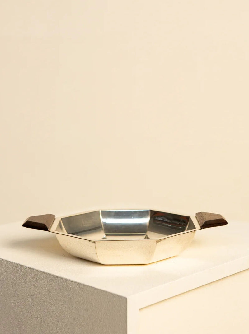 Vintage 1980s silver-plated metal and rosewood basket with intricate detailing and timeless design
