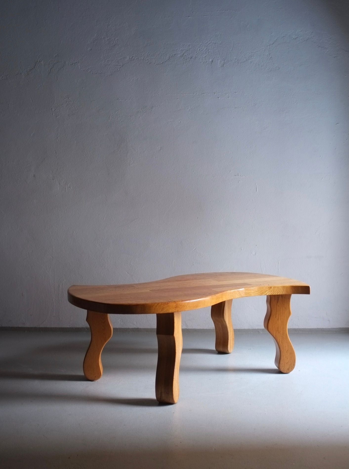 Vintage Brutalist sculptural oak coffee table with unique design, originating from the Netherlands in the 1970s