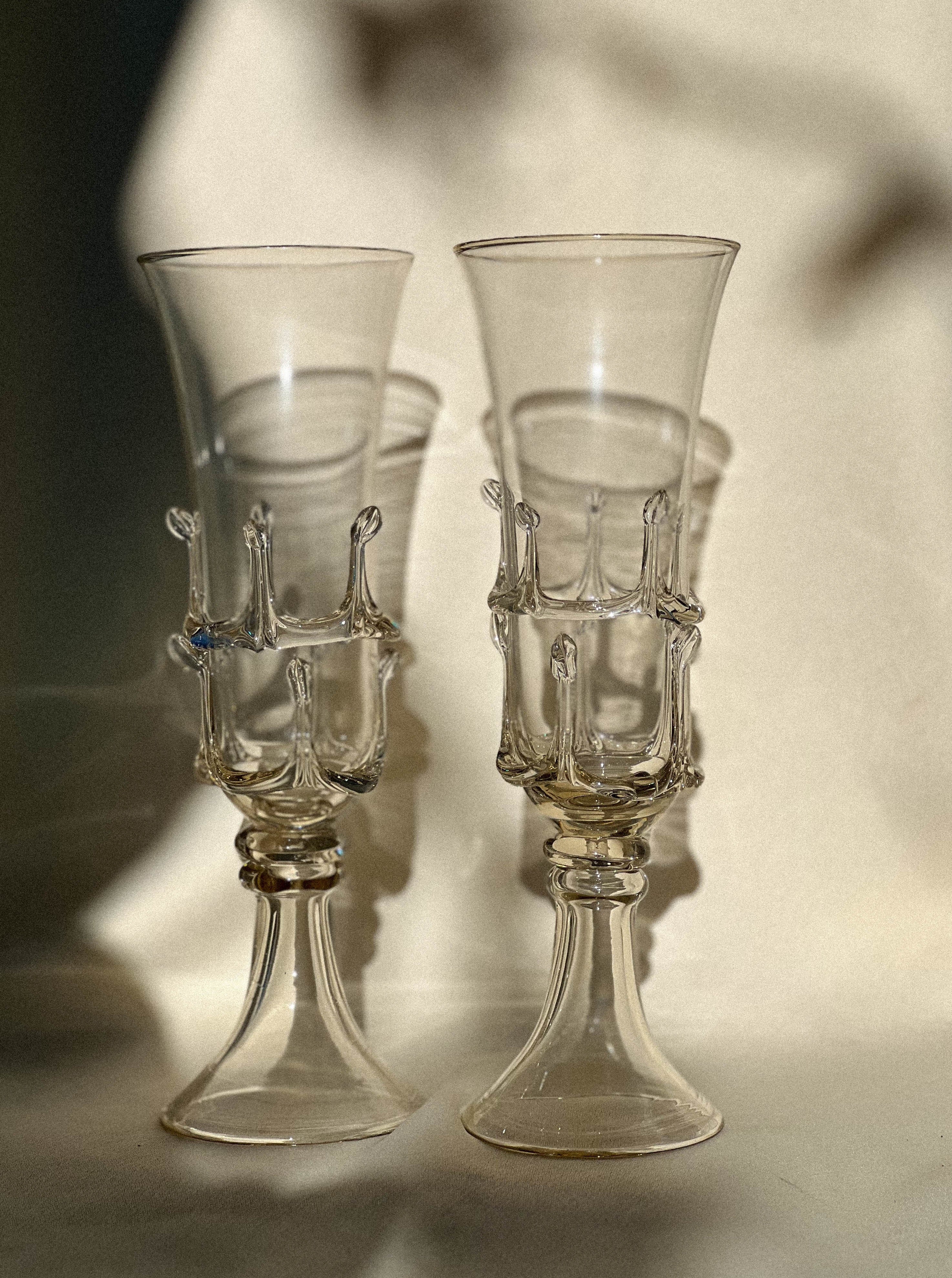 Set of two exquisite champagne flutes with stunning mouthblown craftsmanship