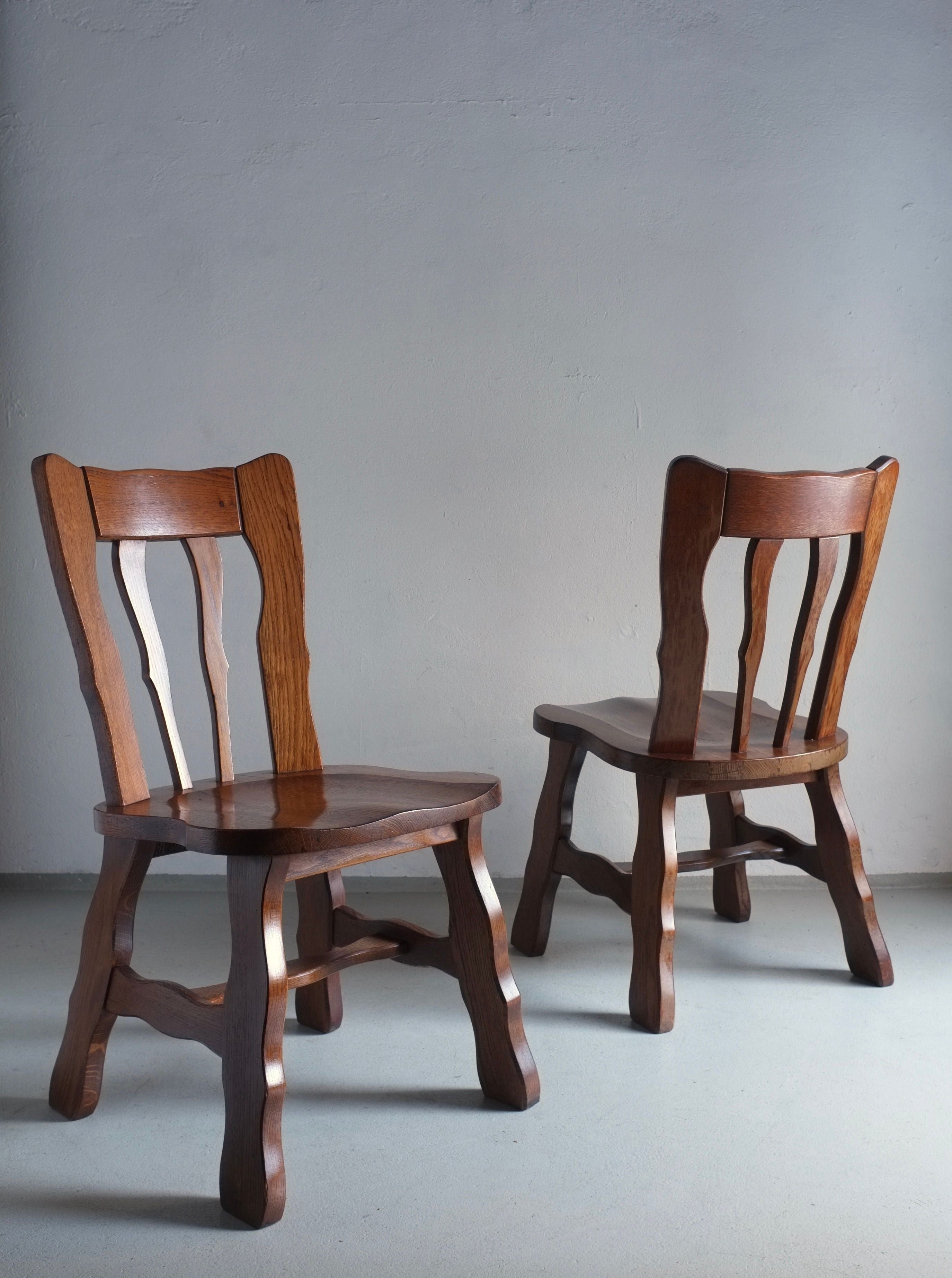 2 Brutalist Carved Oak Dining Chairs 1970s