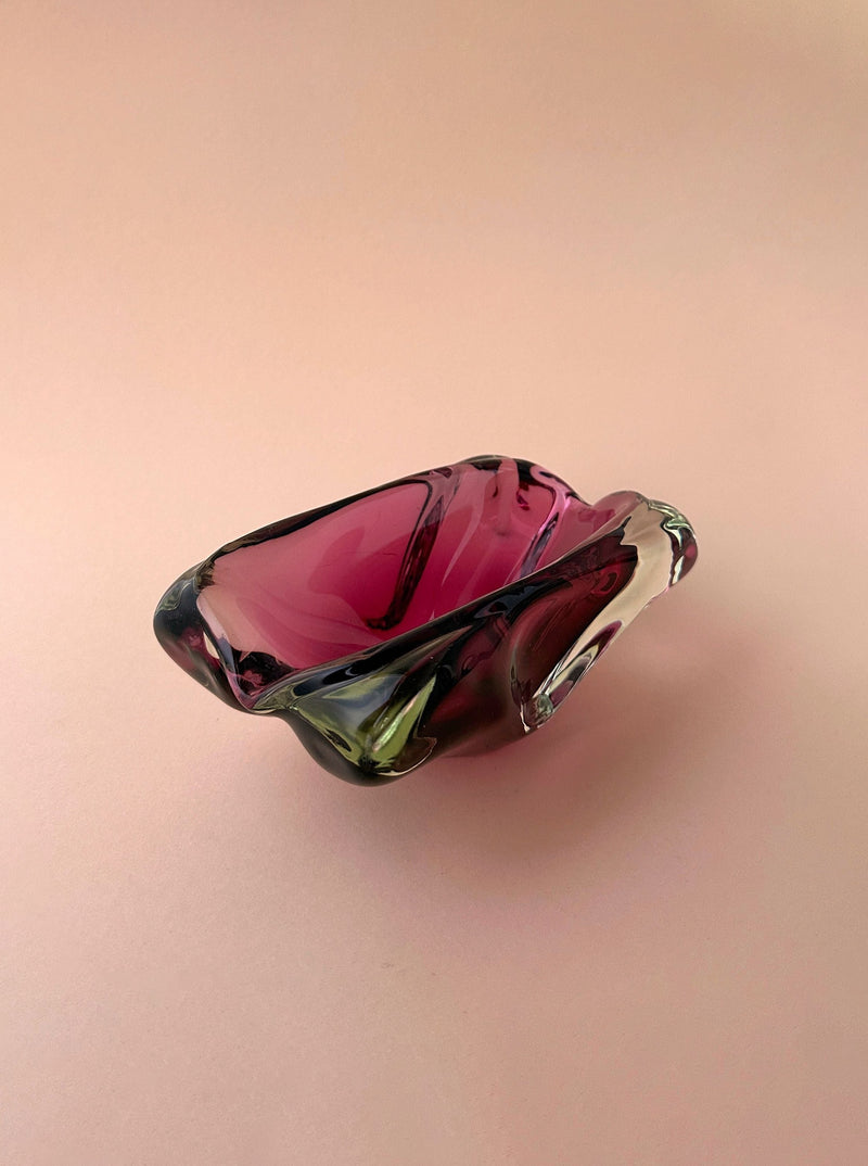 Vintage 1970s Bohemian Large Cherry Red Glass Bowl with delicate hand-painted gold accents