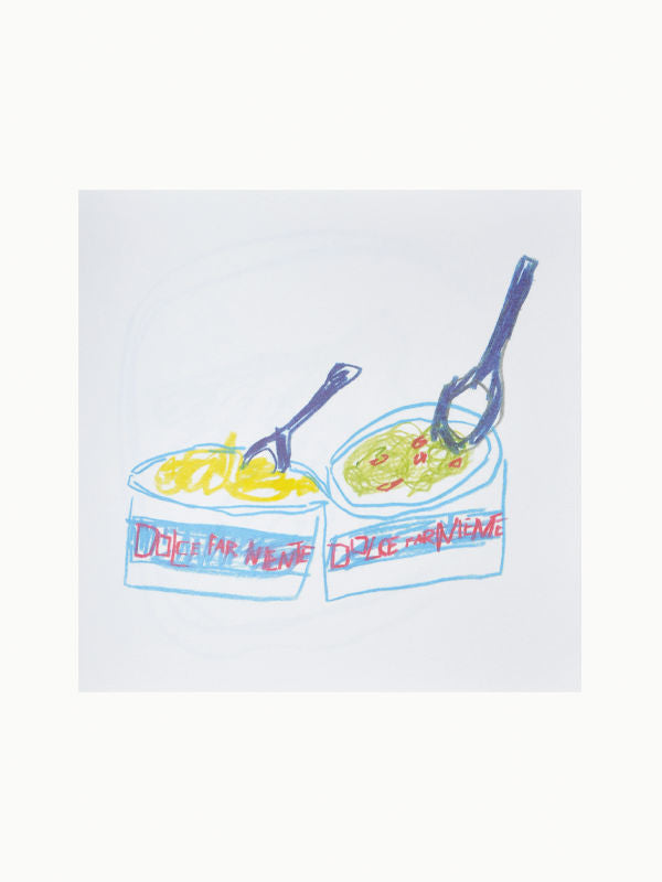 Child-like crayon drawing of two open cup noodles with forks inside, labeled with the words "chicken" and "beef" on their exteriors. Bright colors on a plain white background inspired by The Greece Notebook by Michael McGregor from Maison Plage.